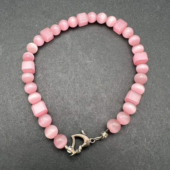Pink Beaded Bracelet Cat Eye Beads Square And Round Beads Heart Clasp Handmade - Picture 2 of 5